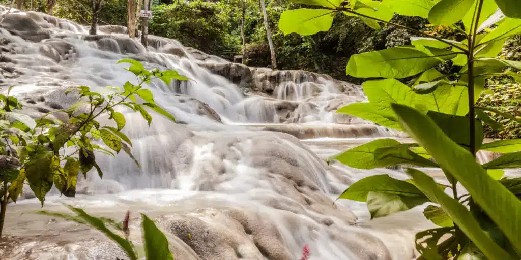 A scenic view of a cascading waterfall flowing over smooth rock formations, surrounded by lush green foliage, creating a serene and natural atmosphere.