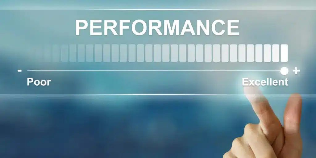 A digital interface displaying a performance rating bar ranging from "Poor" to "Excellent," with a hand selecting the highest rating.