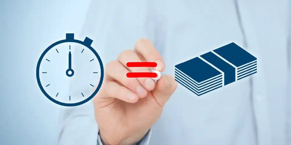 A person's hand drawing a stopwatch, an equals sign, and a stack of money on a light blue background.