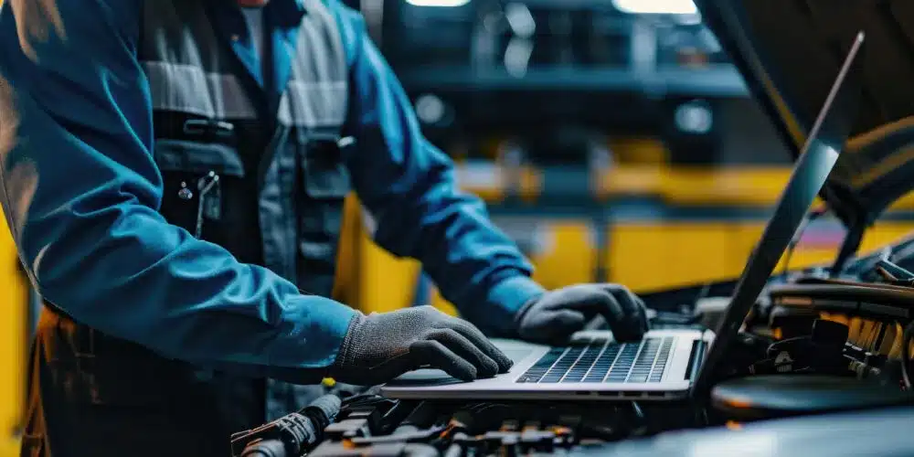 A mechanic wearing a blue uniform and gloves is working on a car engine while using a laptop. The hood of the car is open, and the background shows a workshop or garage with various tools and equipment.