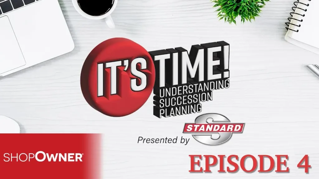 A digital graphic with the text "IT'S TIME! Understanding Succession Planning" and other elements on a light-colored wooden surface.