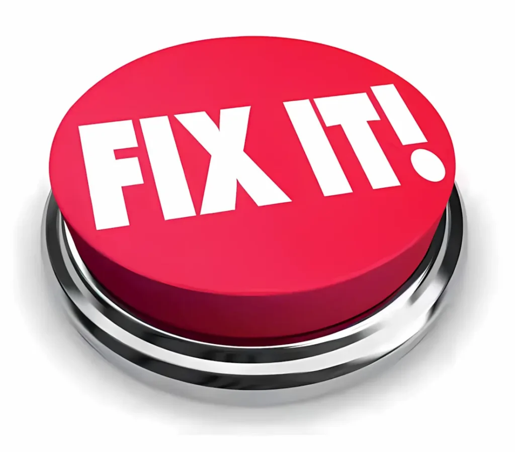 A large red button with the words “FIX IT!” in bold white letters.